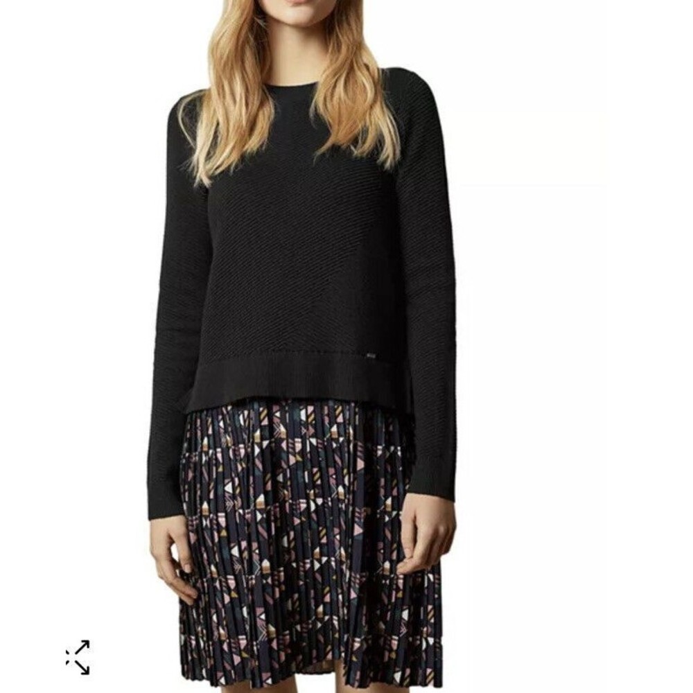 Ted Baker Black Knit Long Sleeve Sweater with Patterned Pleated Skirt